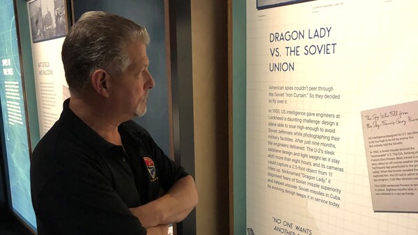 Francis Gary Powers Jr. stand next to an exhibit about his father, Francis Gary Powers. Powers senior was a CIA pilot whose U-2 spy plane was shot down over the Soviet Union in 1960. In one of the more dramatic spy dramas of the Cold War, Powers was held for nearly two years before being exchanged in a spy swap between the two rivals.