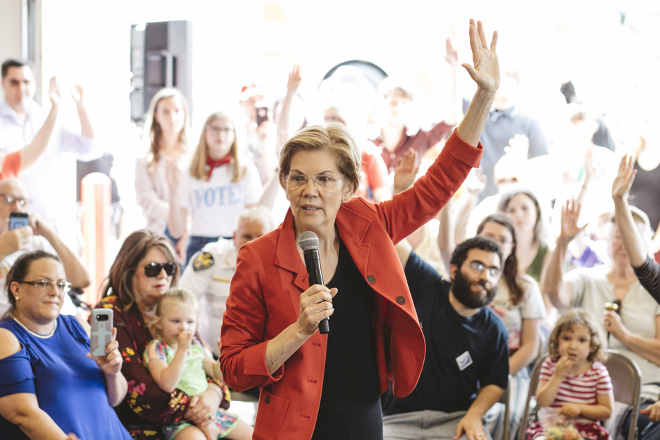 Elizabeth Warren speaks at a campaign stop at the Kermit, W.Va., fire department on May 10. Kermit has a population of about 400 and is believed to have been visited by only one other presidential candidate, John F. Kennedy. Warren went on to campaign in the rural southern Ohio town of Chillicothe, before ending the day in Columbus. (Andrew Spear for NPR)