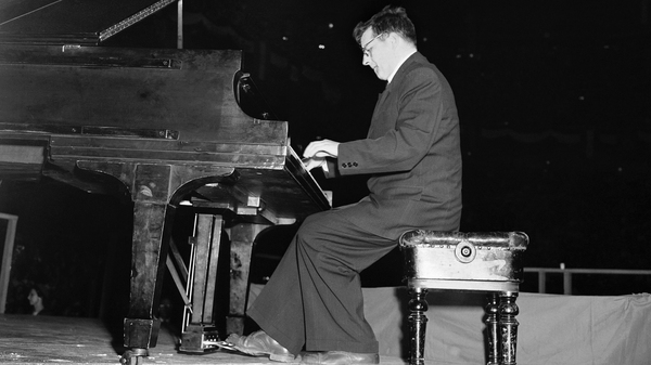 Dmitri Shostakovich, Russian composer-member of the Soviet delegation to the Cultural and Scientific conference for World Peace, plays the second movement of his Fifth Symphony at Madison Square Garden in New York City on March 27, 1949.