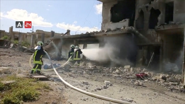 On May 6, an air strike destroyed Nabd Al-Hayat hospital in Syria's Idlib province. (ARAB24/Reuters TV)