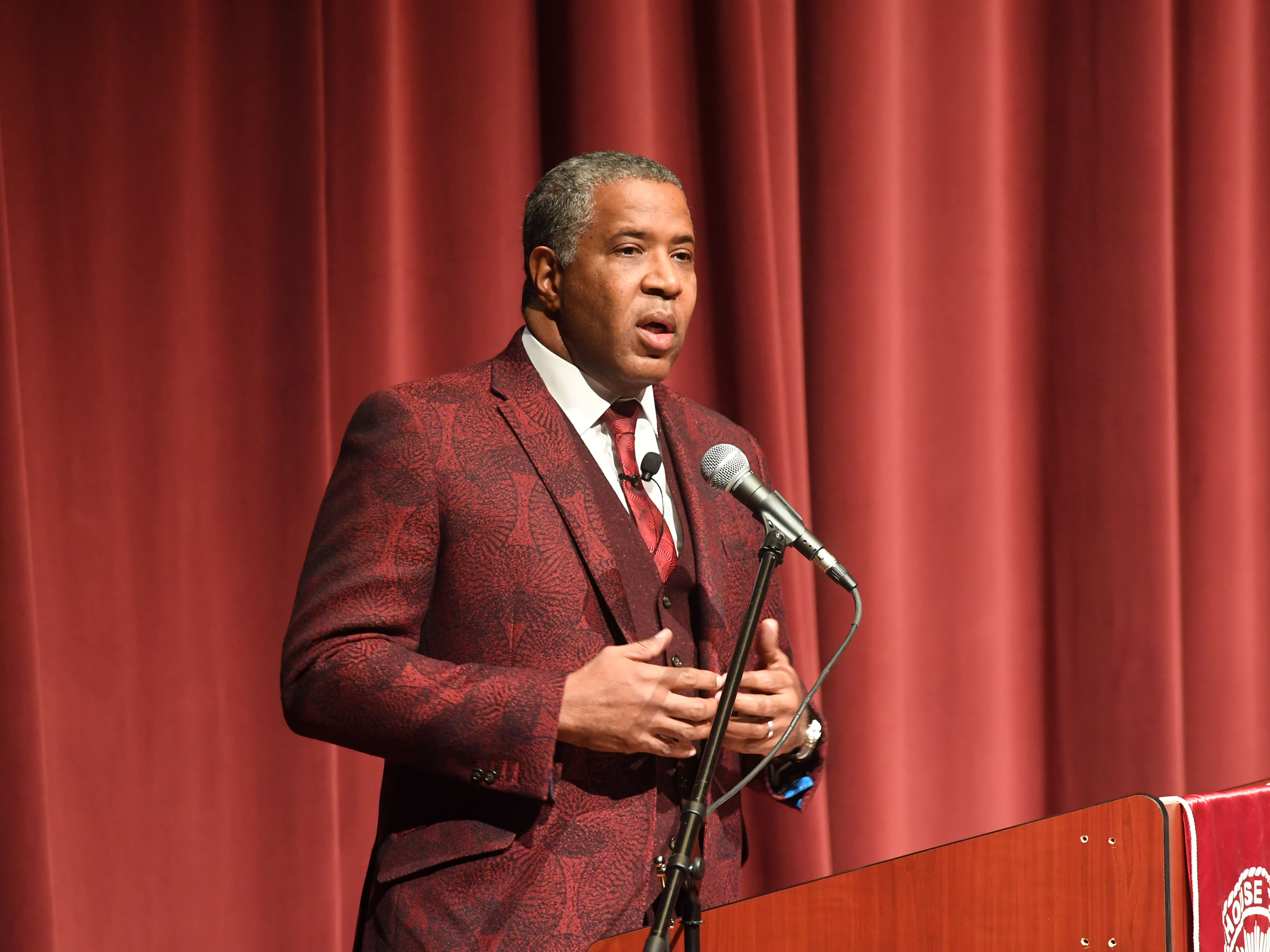 Robert F. Smith, founder, chairman and CEO of Vista Equity Partners, speaks at Morehouse College on Feb. 17, 2018 in Atlanta. Smith announced on Sunday he will pay off the student debt of the college's entire 2019 graduating class. (Getty Images)