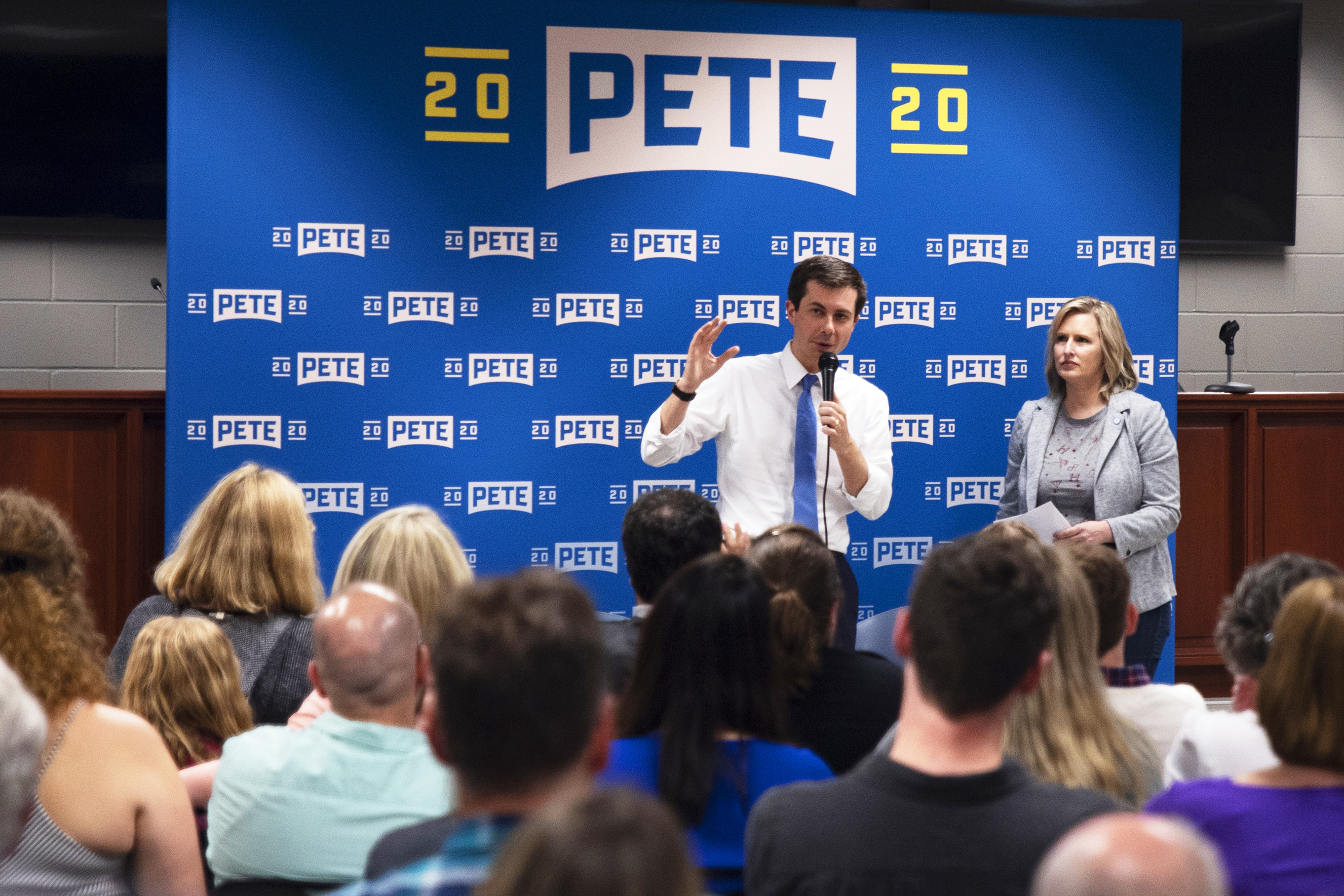 Pete Buttigieg, mayor of South Bend, Ind., and 2020 presidential candidate, speaks during a campaign stop in Des Moines, Iowa, on May 17. (Olivia Sun for NPR)