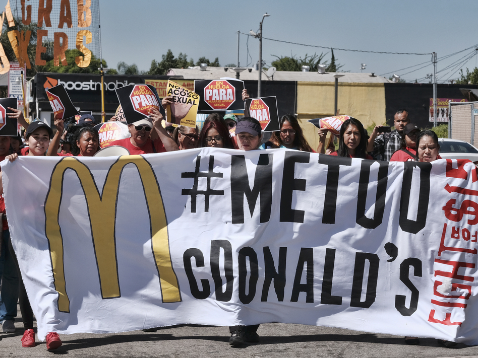 McDonald's workers marching in Los Angeles in September 2018 as part of a multi-state strike seeking to combat sexual harassment in the workplace. (Richard Vogel/AP)