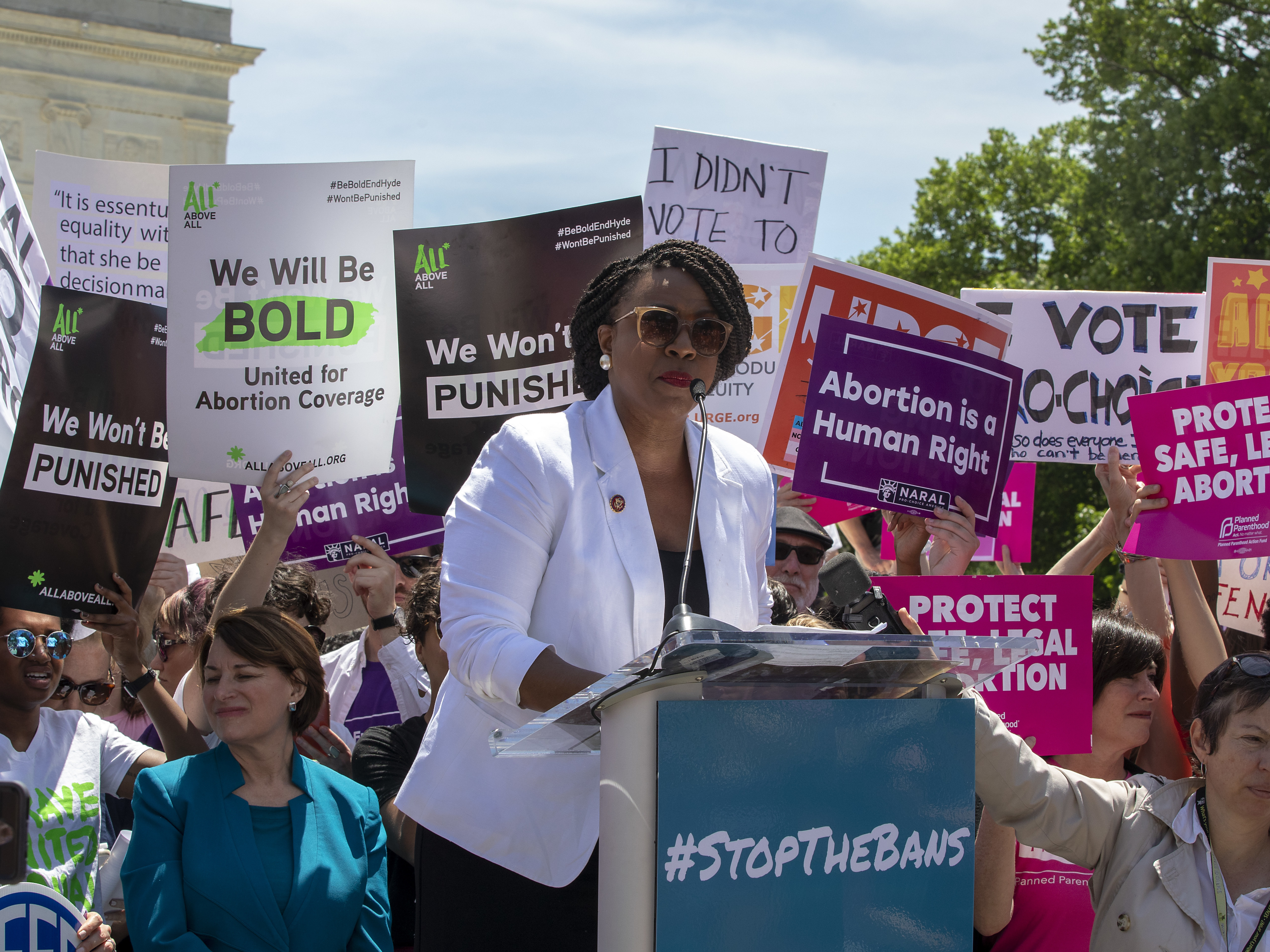 Rep. Ayanna Pressley, D-Mass., speaks at an abortion-rights rally at the U.S. Supreme Court on Tuesday in Washington, D.C. It was part of a day of action nationwide to protest a wave of state laws restricting abortion. (Getty Images)