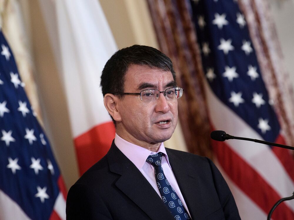 Japan's Foreign Minister Taro Kono plans to ask overseas news outlets to write Japanese names with the family name first, as is the custom in Japan. Kono is seen here last month in Washington. (AFP/Getty Images)
