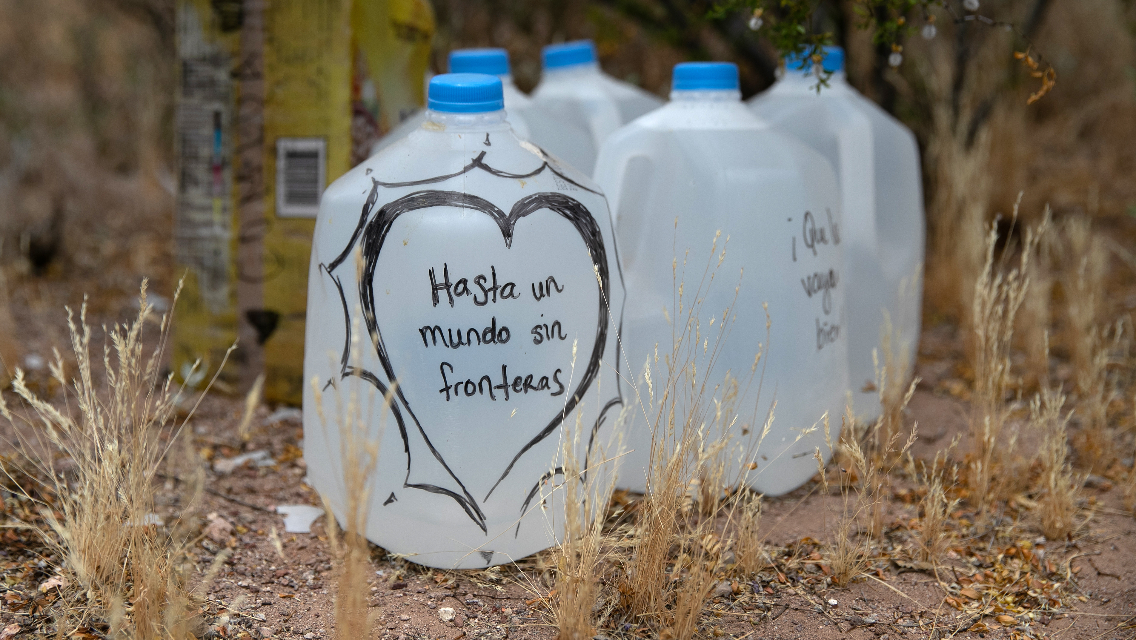 Jugs of water for undocumented immigrants sit along migrant trails after being delivered by volunteers for the humanitarian aid group No More Deaths. The number of immigrant deaths, mostly due to dehydration and exposure, has risen as higher border security has pushed immigrant crossing routes into more remote desert regions.