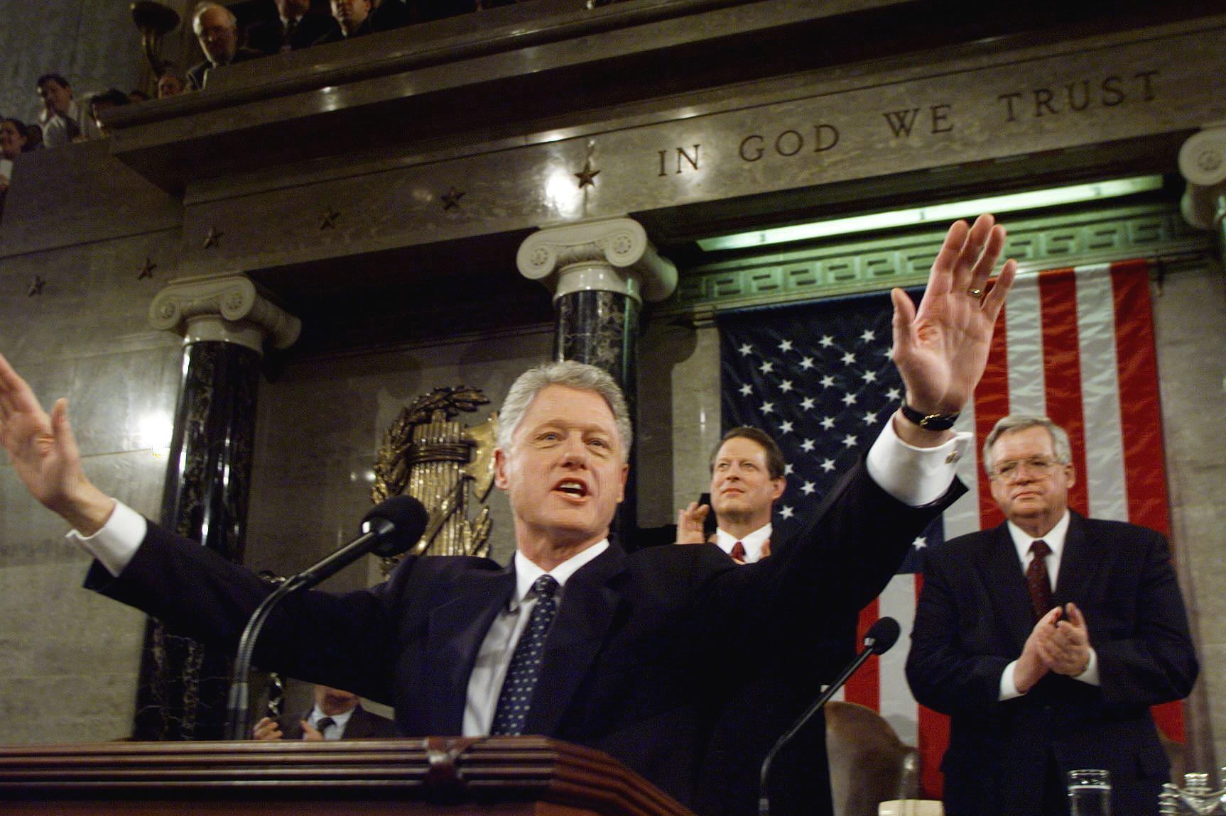 President Bill Clinton delivers the State of the Union address in January 1999 as his Senate impeachment trial was underway. Despite impeachment, Clinton was successful in working with Congress on legislation. (AFP/Getty Images)