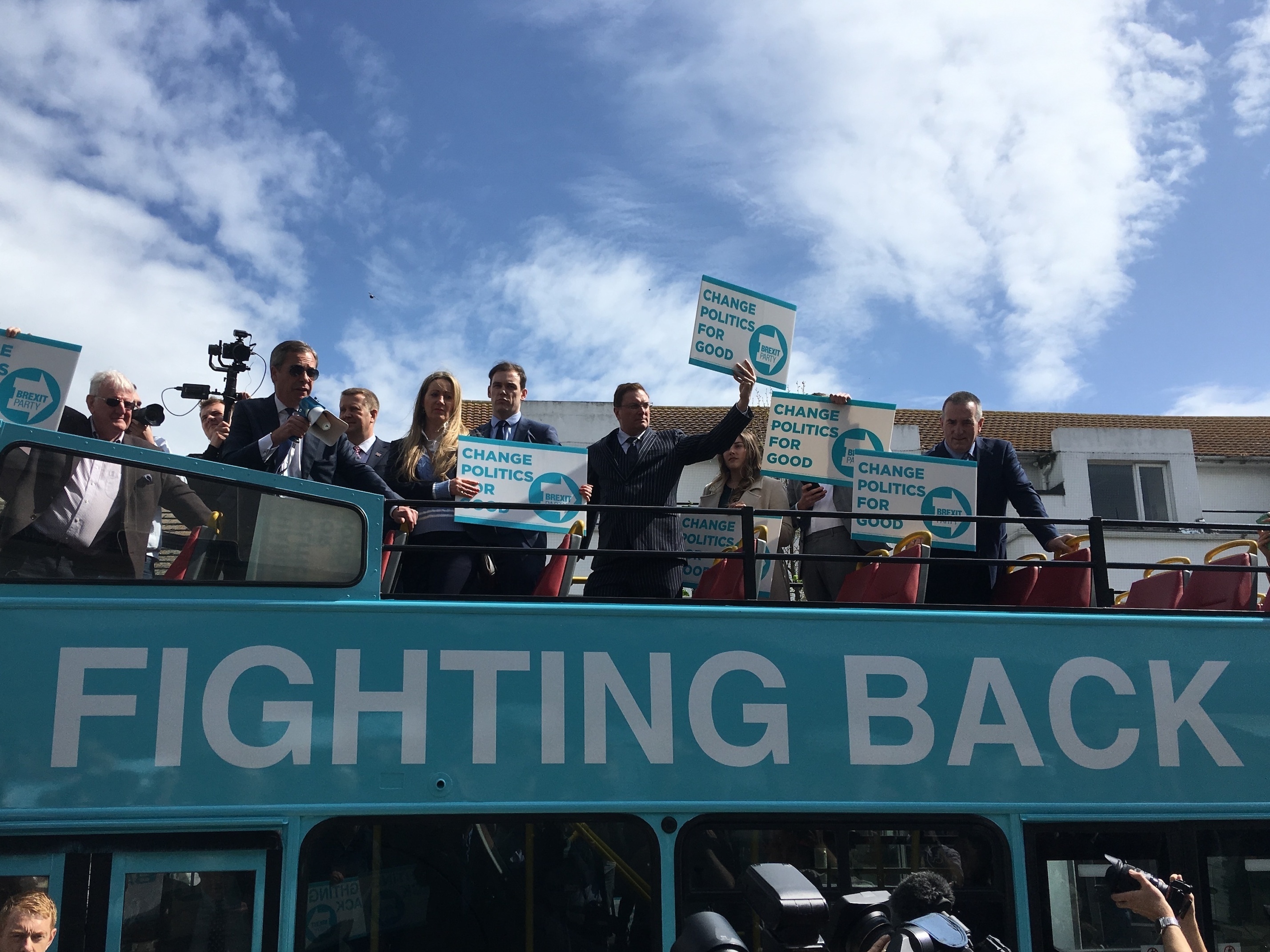 Nigel Farage (left, with megaphone), leader of the new Brexit Party, which went into Thursday's European elections ahead in the opinion polls, addresses crowds in Clacton-on-Sea, England, last month. Farage routinely excoriates the European Union in his stump speeches. (NPR)