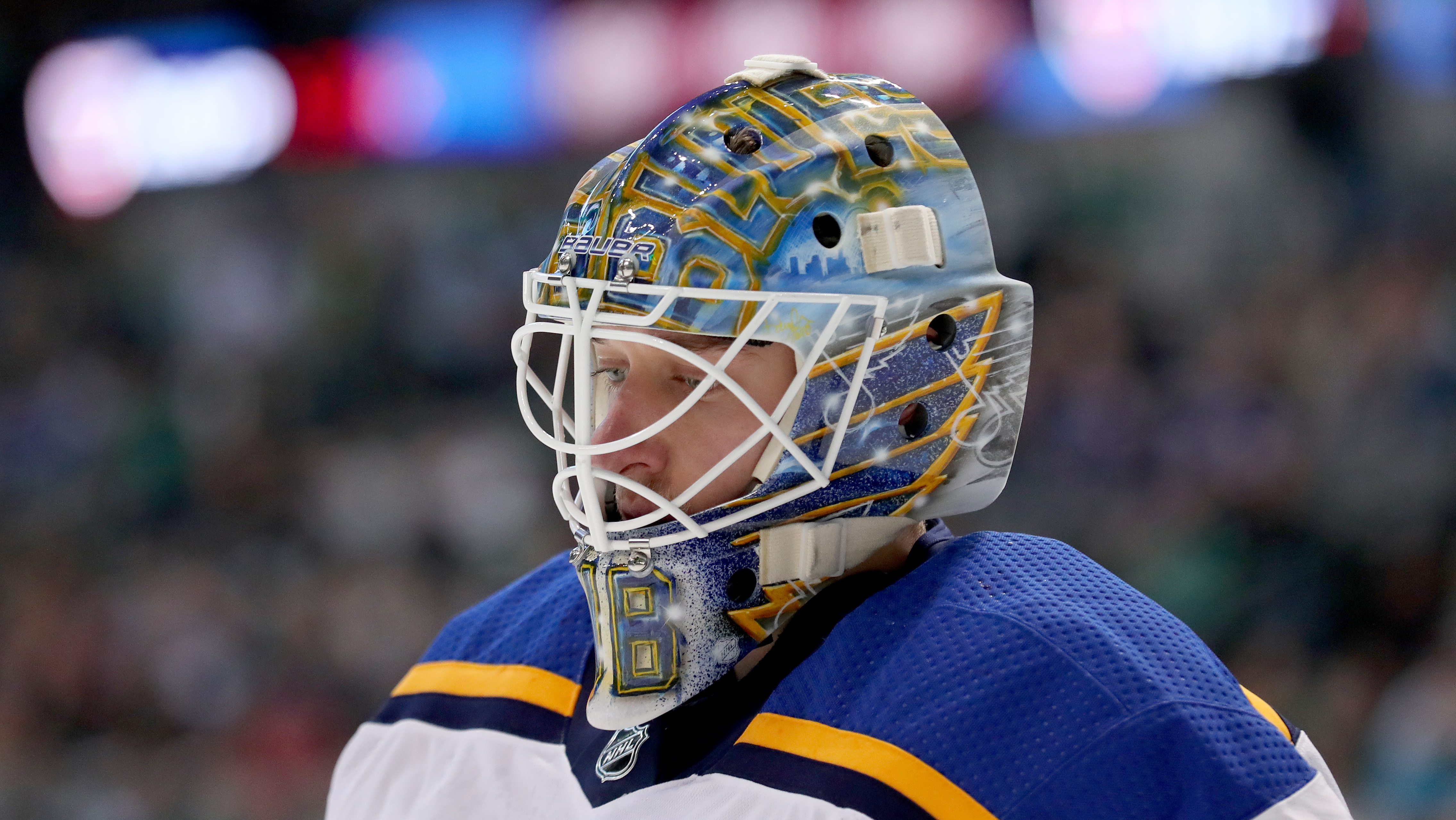 Jordan Binnington, goaltender for the St. Louis Blues, looks on during the Blues' playoff series with the San Jose Sharks. Binnington may be a rookie playing in his first Stanley Cup Final, but he has been taking part in a tradition that dates back decades. (Getty Images)