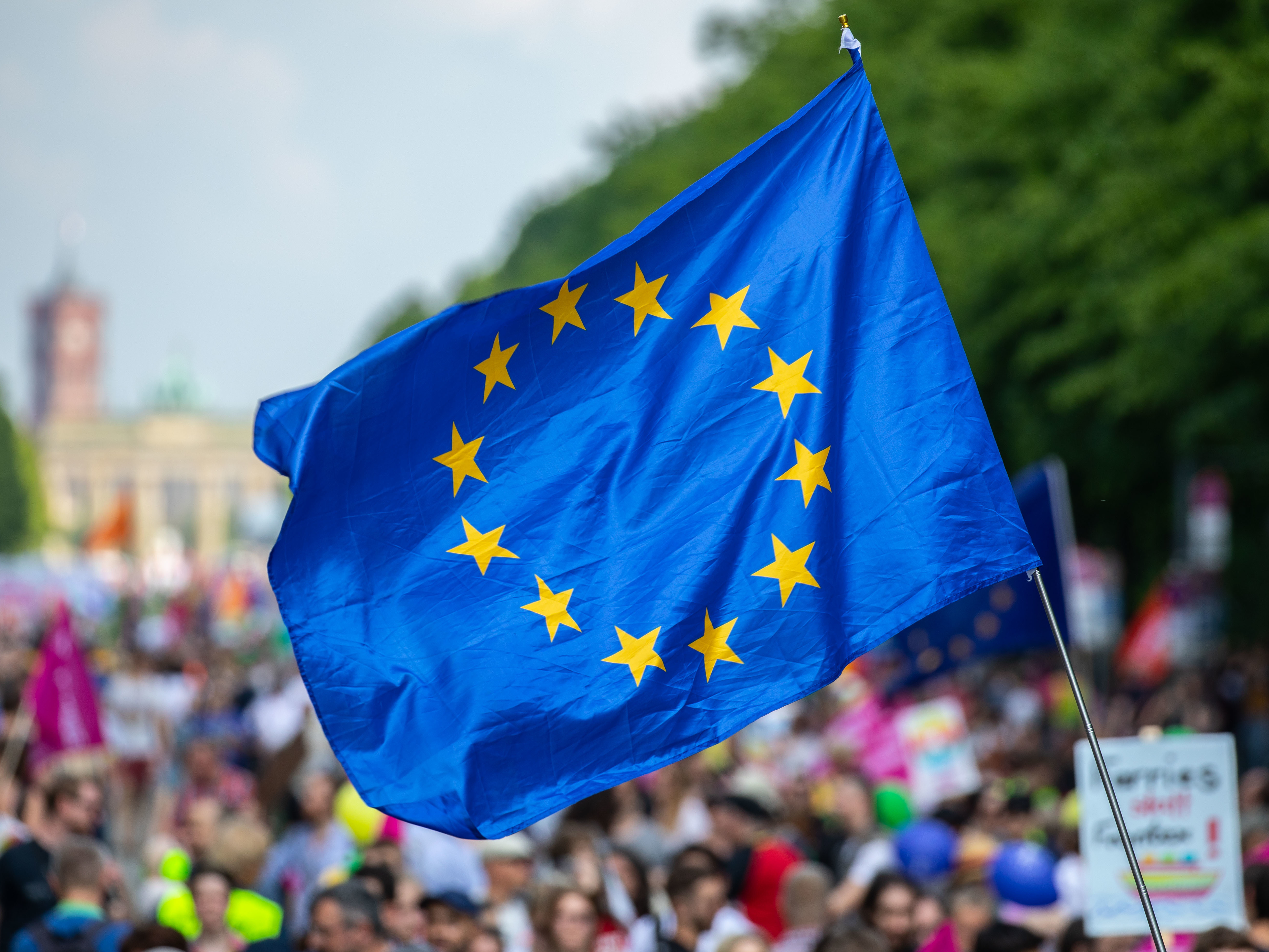 A protester waves the European Union flag during the pro-Europe demonstration &quot;One Europe for All: Your voice against nationalism,&quot; a week before Sunday's European elections in Berlin, on May 19. (AFP/Getty Images)