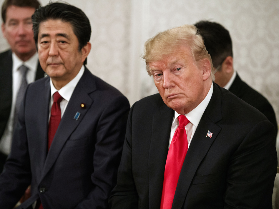 President Trump and Japanese Prime Minister Shinzo Abe at Akasaka Palace in Tokyo on Monday. (Evan Vucci/AP)