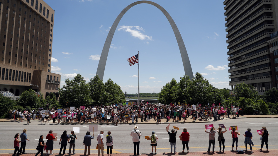 Abortion-rights supporters take part in a protest Thursday in St. Louis. A state license that allows a Planned Parenthood health center in Missouri to perform abortions could soon expire. (Jeff Roberson/AP)