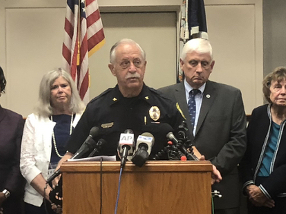 Virginia Beach Police Chief James Cervera addresses reporters at a press briefing on Sunday about the Virginia Beach shooting. Officials confirmed that the shooter resigned from his job just hours before the shooting. (Bobby Allyn/NPR)