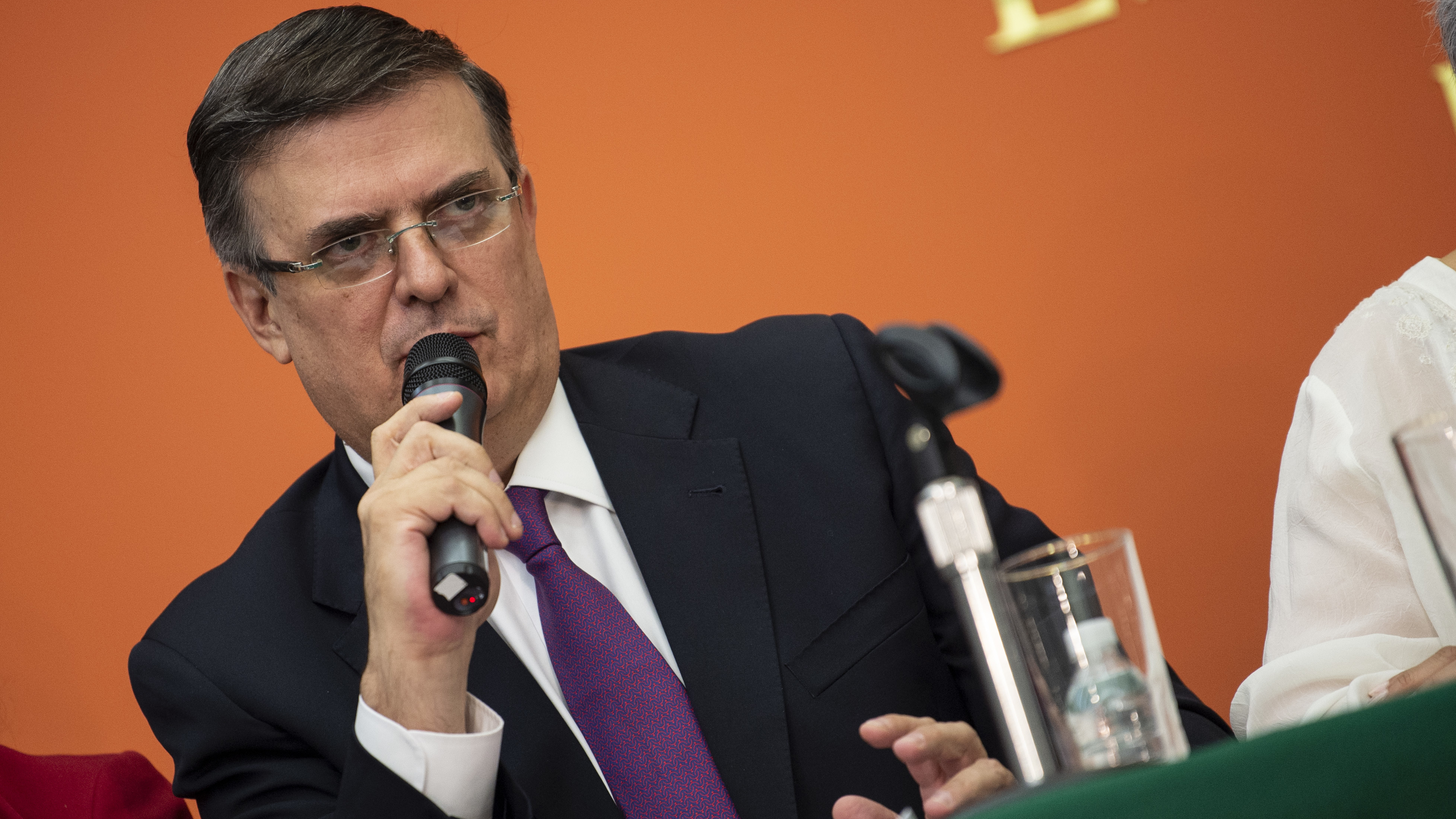 Mexican Foreign Minister Marcelo Ebrard attends a news conference with the Mexican delegation negotiating tariffs with U.S. officials on Monday in Washington, D.C. (AFP/Getty Images)