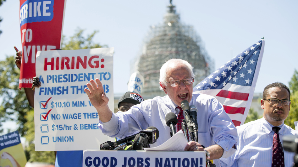 Democratic presidential candidate Sen. Bernie Sanders speaks during a 2015 rally to push for a raise to the minimum wage to $15 an hour. (Andrew Harnik/AP)