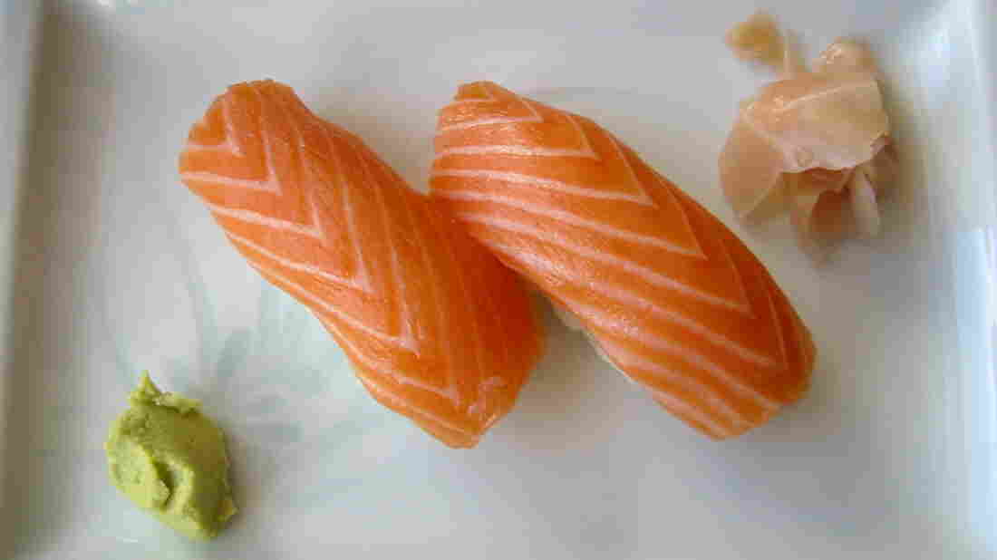 Salmon sushi ready for eating.