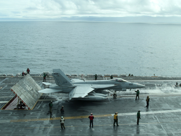 An F/A-18 Super Hornet gets ready to fly off the USS Theodore Roosevelt in the Gulf of Alaska.