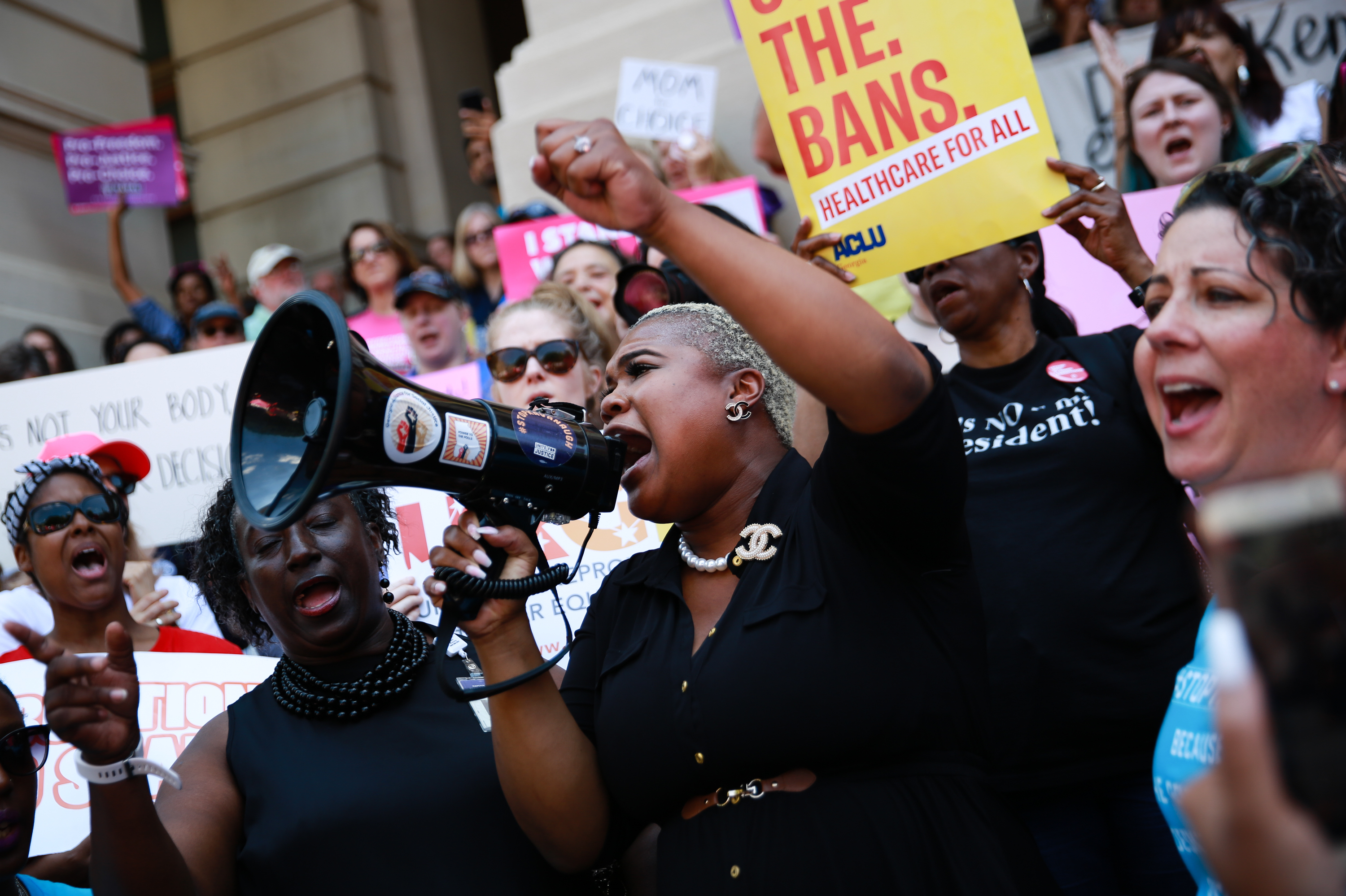 Georgia state Rep. Erica Thomas speaks during a protest against recently passed abortion-ban bills at the state Capitol on May 21 in Atlanta. (Getty Images)