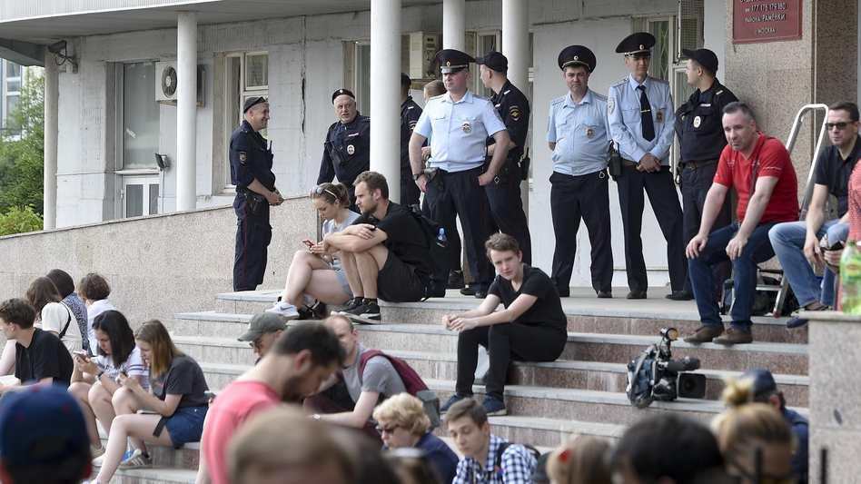 The U.S.-based Free Russia Foundation accuses Russia of exploiting Western legal systems. Above, supporters of arrested journalist Ivan Golunov (freed on Tuesday) gathered at a court building in Moscow. (Dmitry Serebryakov/AP)