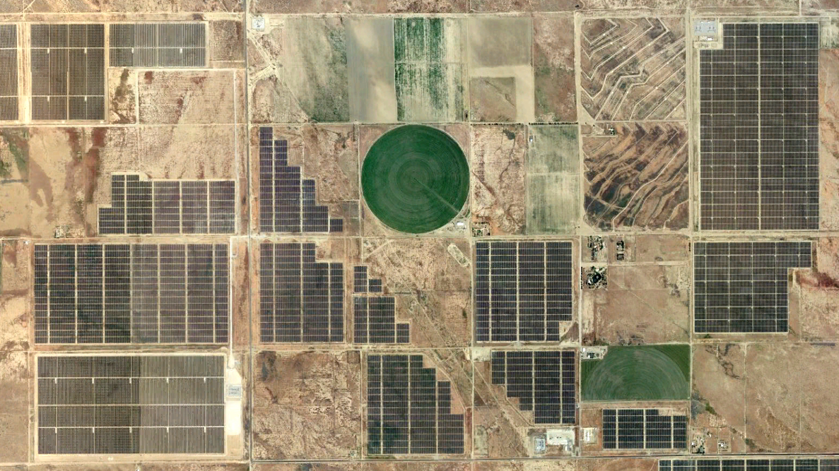 The northern Antelope Valley in California is home to a number of large-scale solar panel installations. (Google Earth)