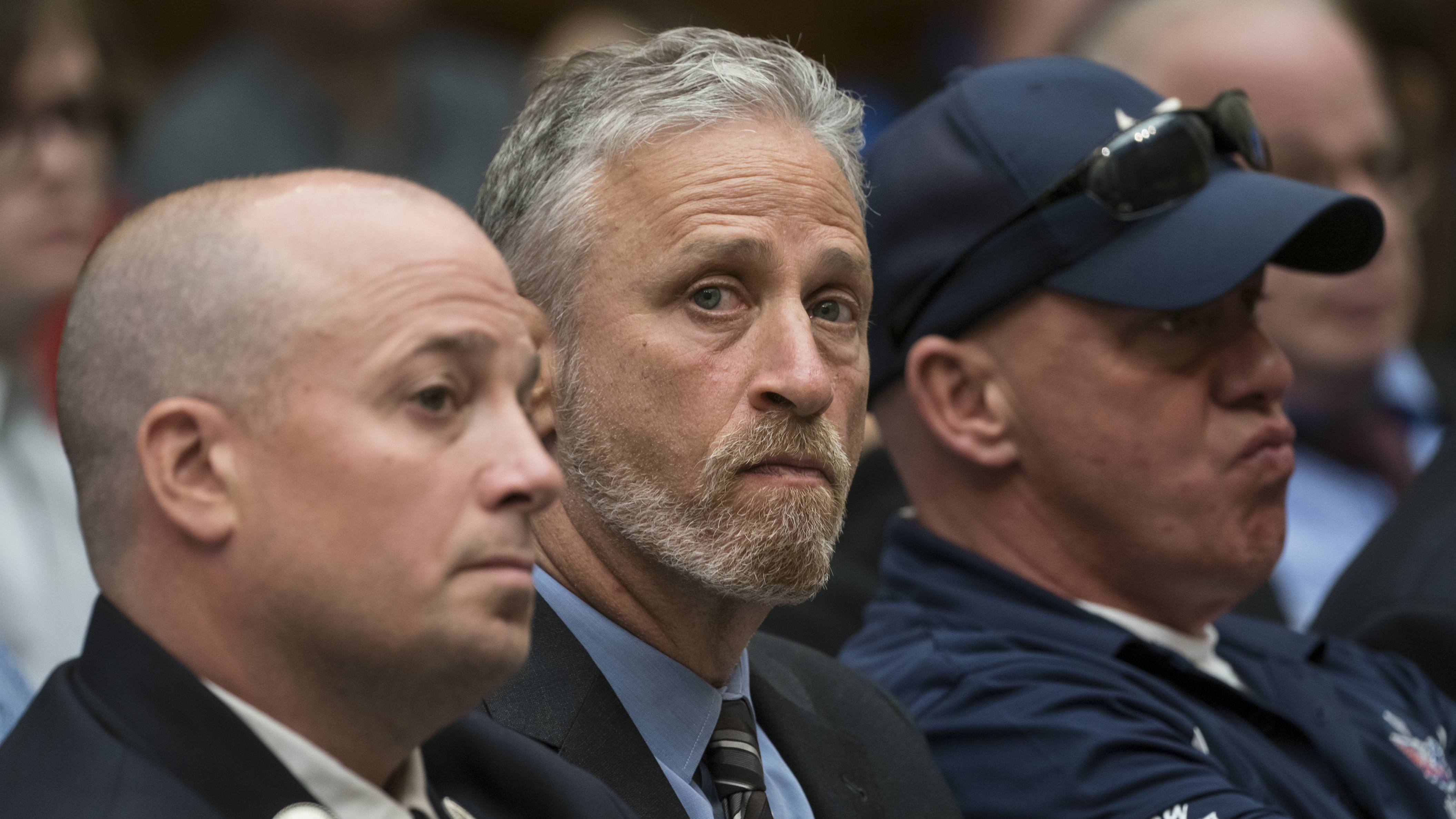 TV personality Jon Stewart at a hearing by the House Judiciary Committee as it considers permanent authorization of the Victim Compensation Fund on Capitol Hill in Washington.