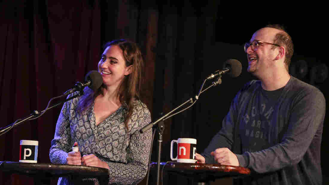 Comedians Catherine Cohen and Josh Godelman face off in a game on Ask Me Another at the Bell House in Brooklyn, New York.