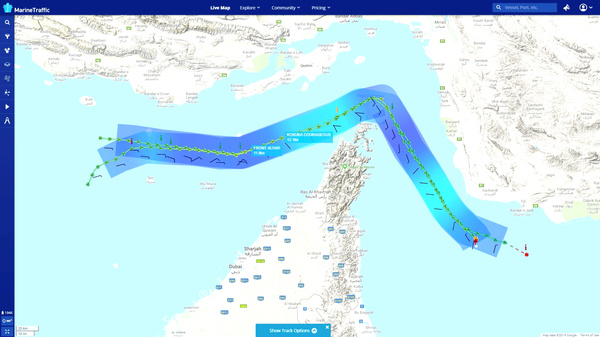 The movements of tankers Front Altair and Kokuka Courageous are shown in this still image taken from an animation obtained on Thursday from social media.