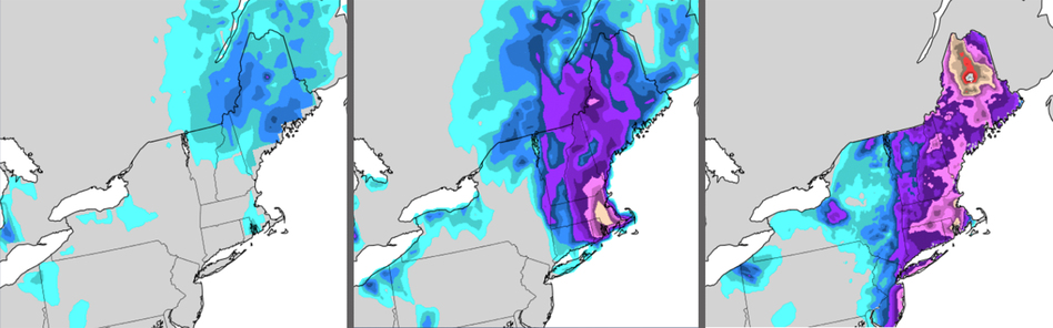 A comparison of how the old and upgraded U.S. global weather forecast models predicted the "bomb cyclone" that hit the Northeast U.S. in January 2018. The old NOAA model (left) estimated a smaller amount of snowfall than what actually happened (right). The updated model (middle) was more accurate. (NOAA/Screenshot by NPR)