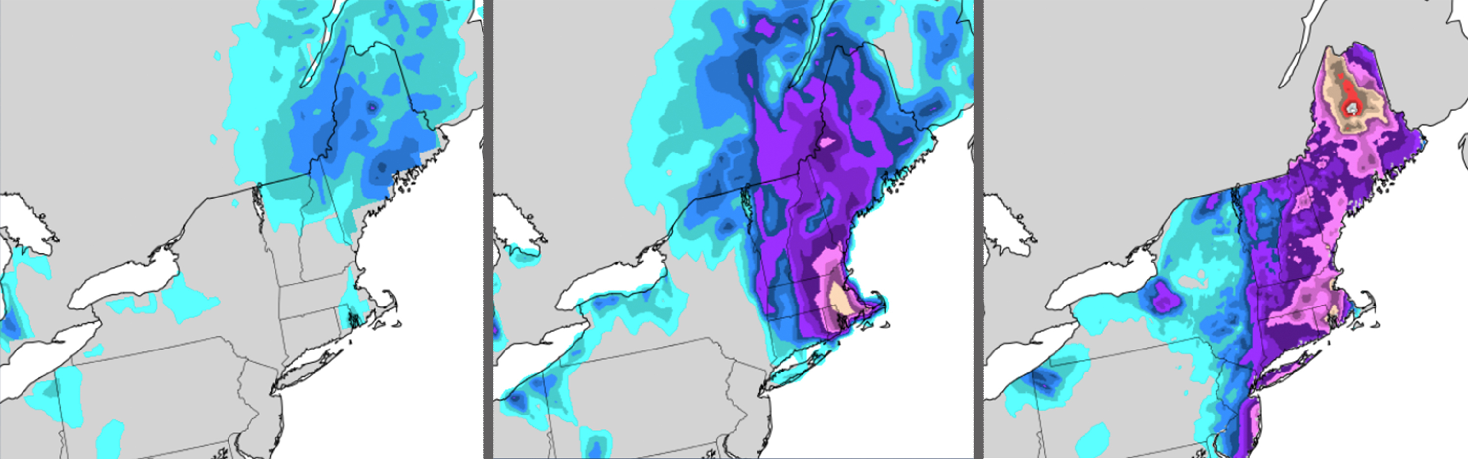 A comparison of how the old and upgraded U.S. global weather forecast models predicted the &quot;bomb cyclone&quot; that hit the Northeast U.S. in January 2018. The old NOAA model (left) estimated a smaller amount of snowfall than what actually happened (right). The updated model (middle) was more accurate. (NOAA/Screenshot by NPR)