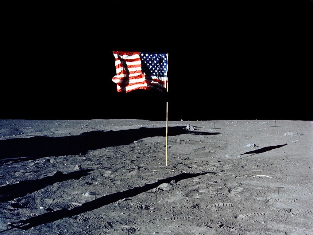 The U.S. flag stands alone on the surface of the moon. (Getty Images)