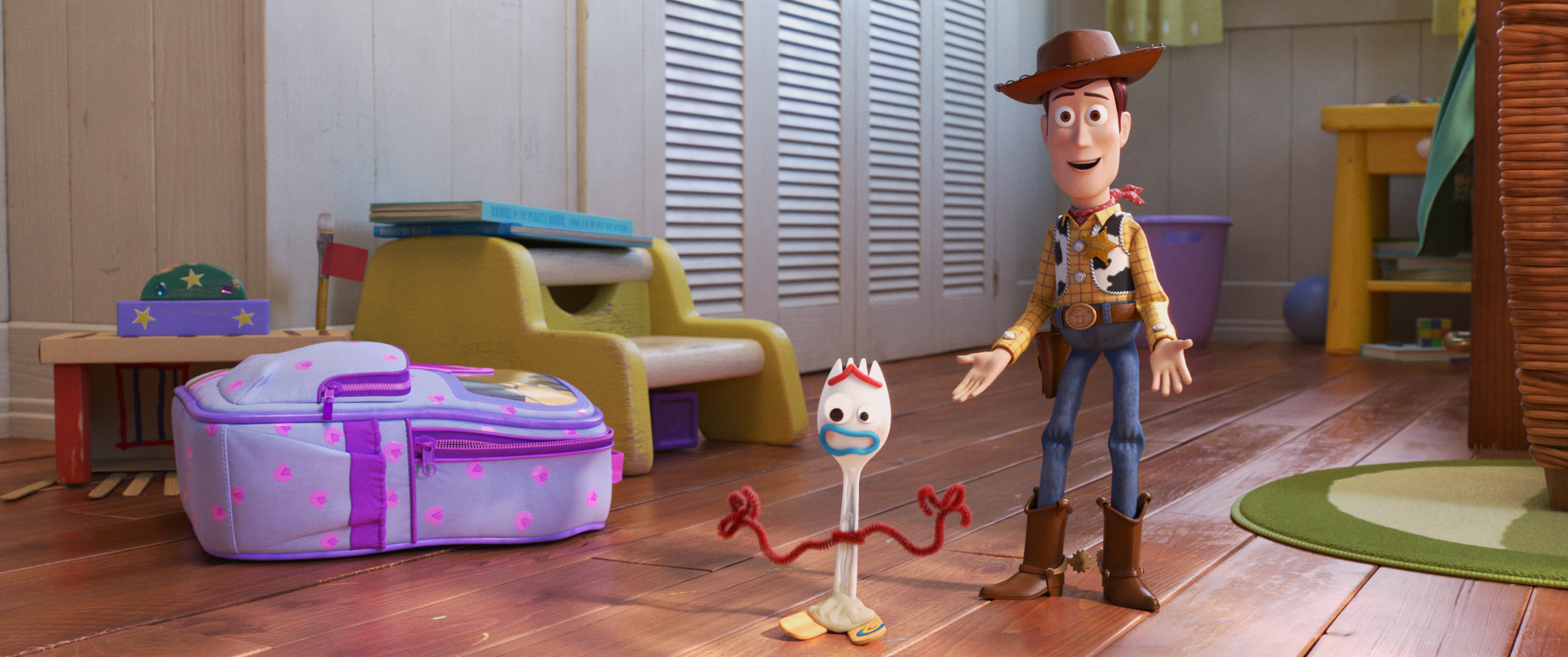 In the fourth installment of the <em>Toy Story</em> franchise, Bonnie comes home from kindergarten with Forky, a plastic fork with googly eyes and pipe cleaner hands voiced by Tony Hale. Sheriff Woody (voiced by Tom Hanks) has aged into an avuncular figure. (Pixar)