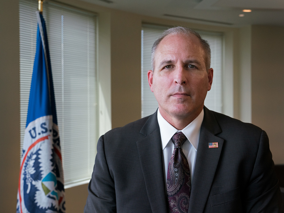 Mark Morgan, the acting head of Immigration and Customs Enforcement, stands for a portrait in his office Friday. In an interview with NPR, Morgan says his agency is only enforcing the law. (Shuran Huang/NPR)