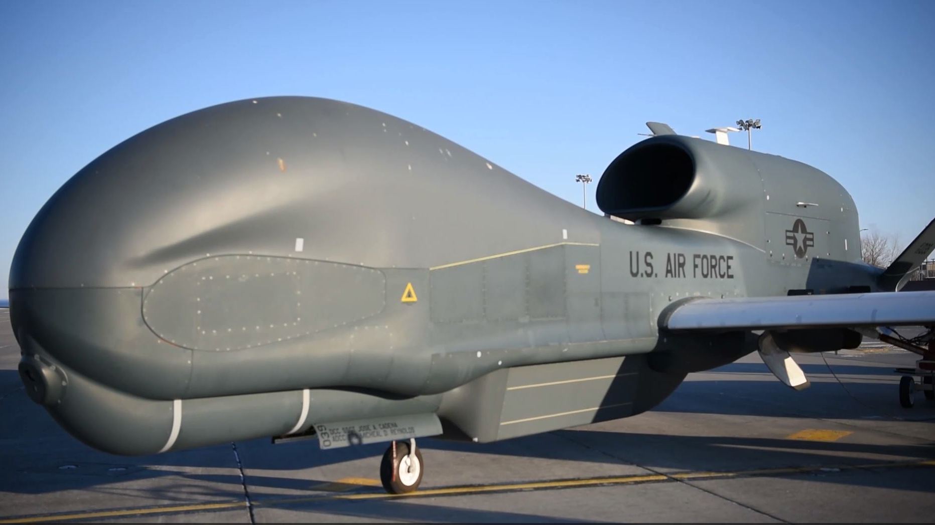 President Trump reconsidered a plan to strike at Iran over its downing of an RQ-4 Global Hawk, like this drone seen at the Grand Forks Air Force Base in North Dakota. (U.S. Central Command/Screenshot by NPR)