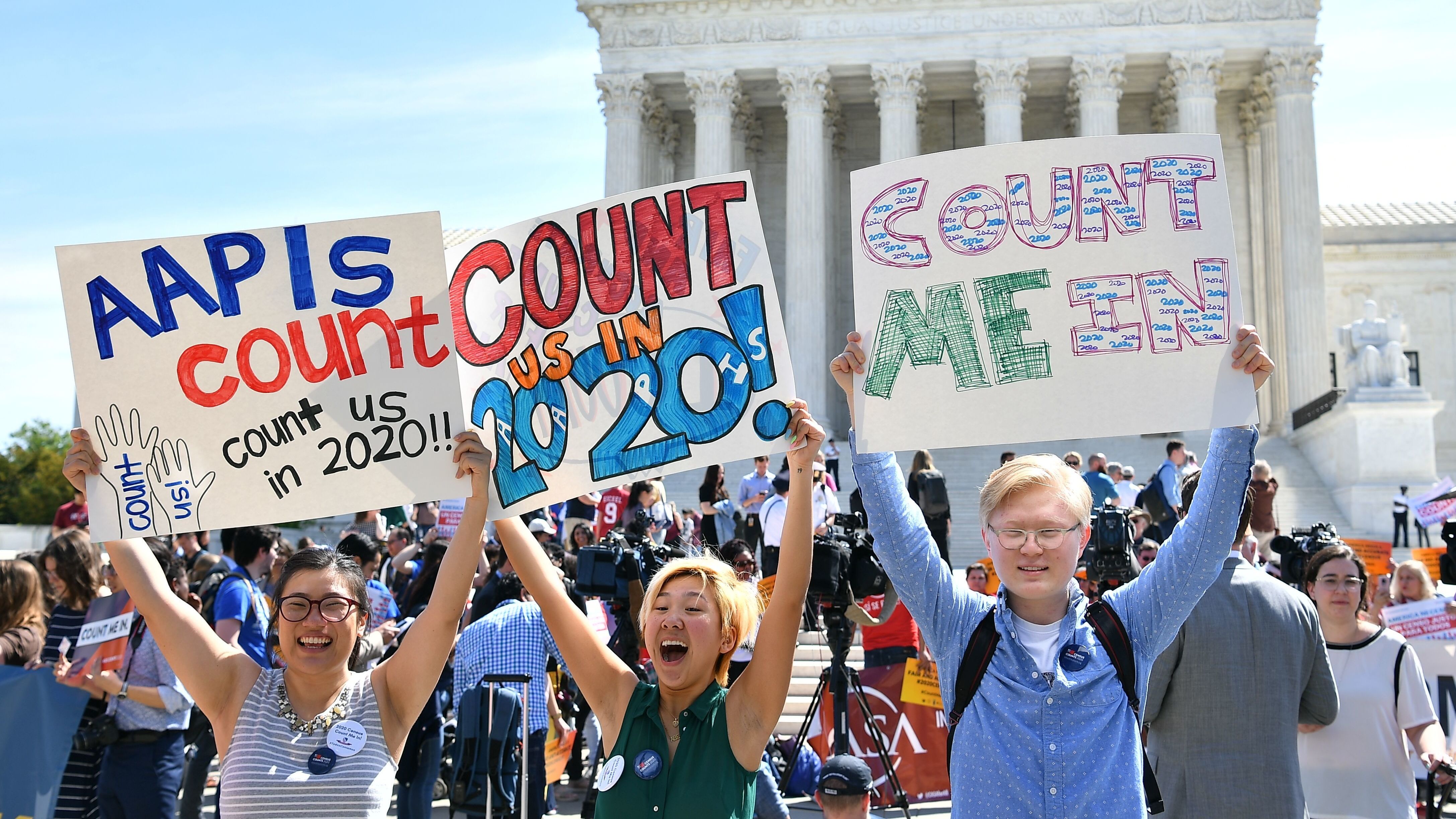 Demonstrators rally outside the U.S. Supreme Court in Washington, D.C., in April to protest the Trump administration's plan to add a citizenship question to forms for the 2020 census. (AFP/Getty Images)
