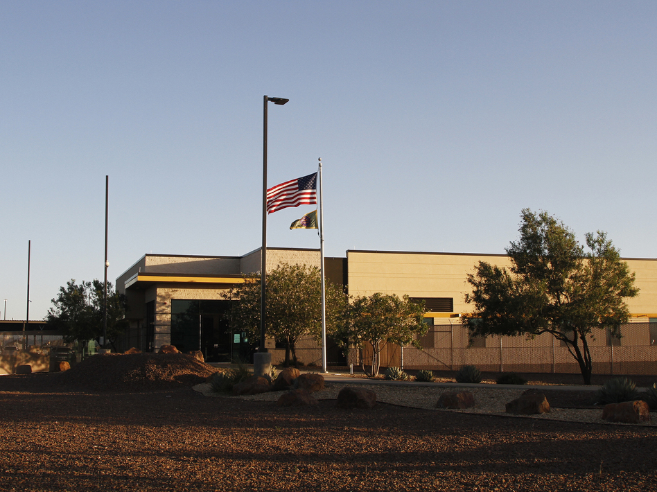 The entrance of a Border Patrol station in Clint, Texas. U.S. Customs and Border Protection said the agency is removing children from the facility following reports of unsanitary conditions inside. (Cedar Attanasio/AP)