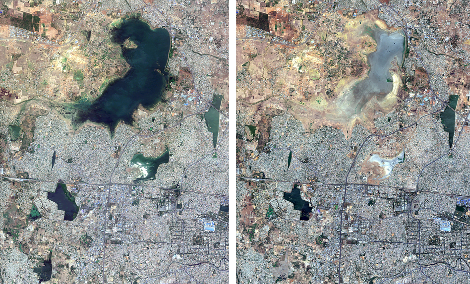 These satellite images from June 15, 2018, (left) and June 15, 2019, show the diminishing size of the Puzhal Lake reservoir in Chennai, India. (Copernicus Sentinel-2 Satellite Image/Maxar Technologies via AP)