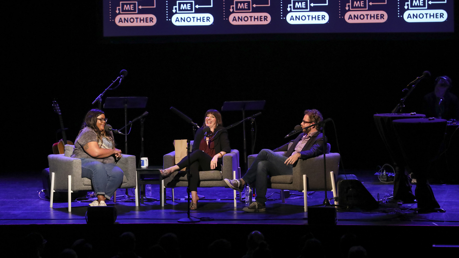 Comedian Nicole Byer is quizzed on the movie <em>Ghost</em>, alongside <em>Ask Me Another</em> host Ophira Eisenberg and Jonathan Coulton at the Moore Theatre, in Seattle, Washington. (Mike Katzif/NPR)