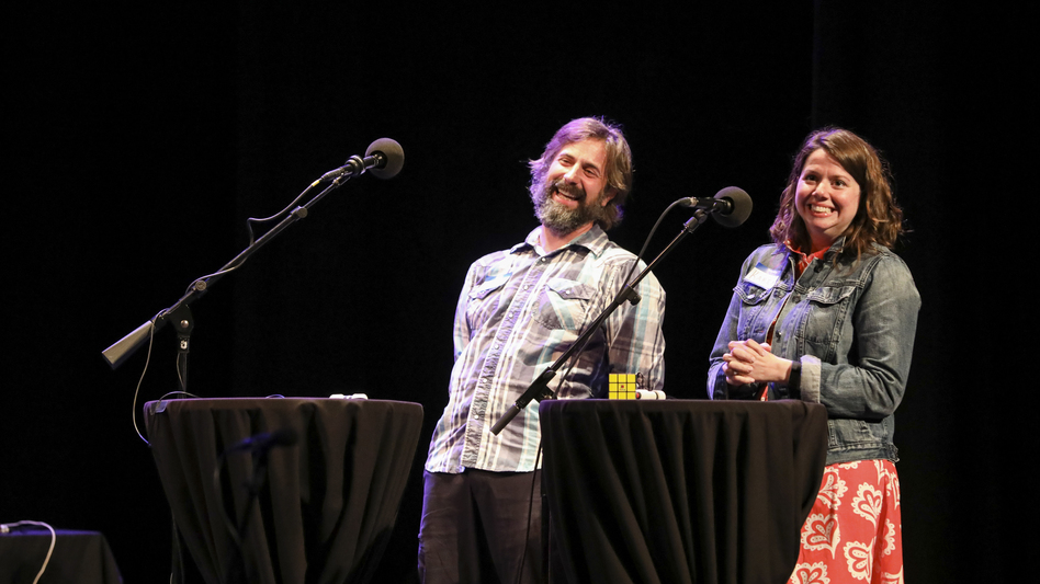 Contestants compete in Ask Me Another's final round at the Moore Theatre, in Seattle, Washington. (Mike Katzif/NPR)