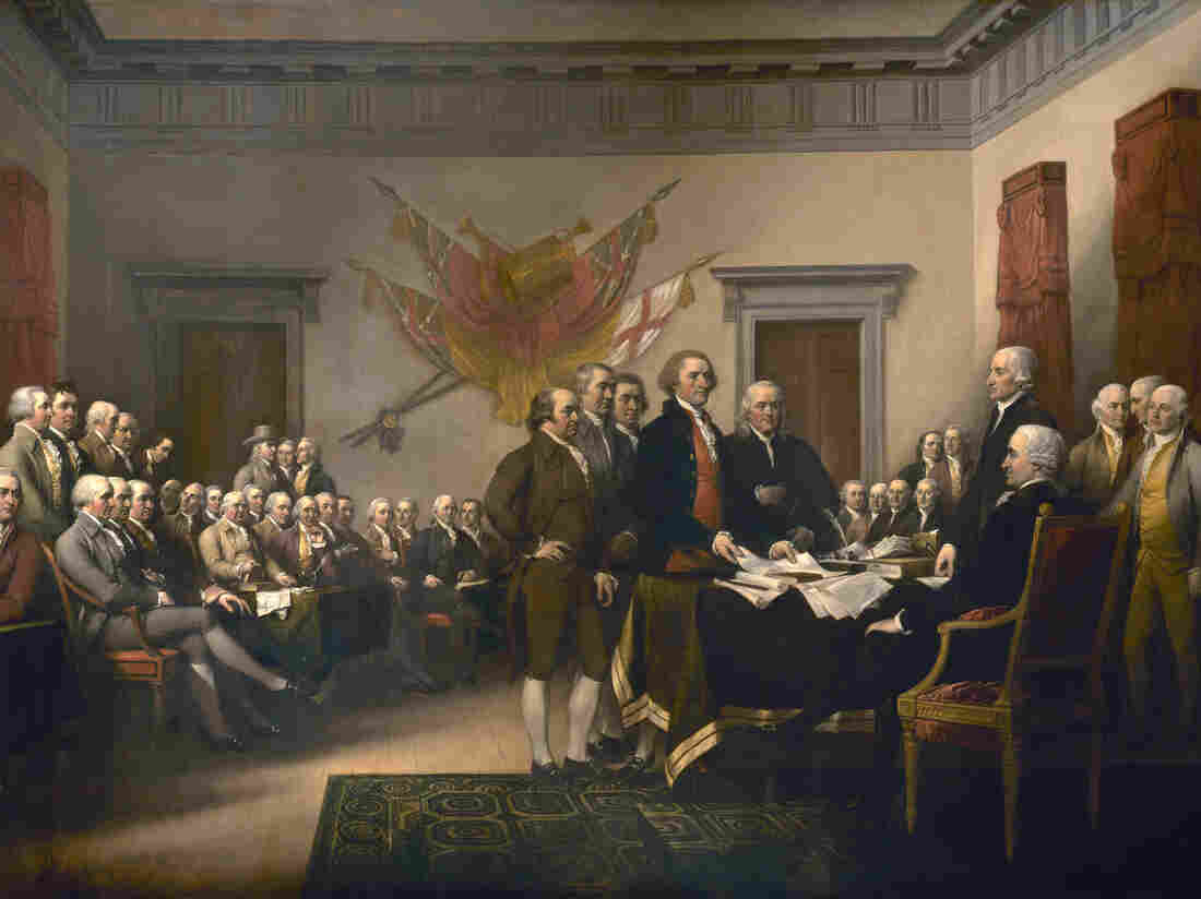 Thomas Jefferson, the principal author of the Declaration of Independence, is shown placing the document before John Hancock, president of the Congress, in this painting by John Trumbull.