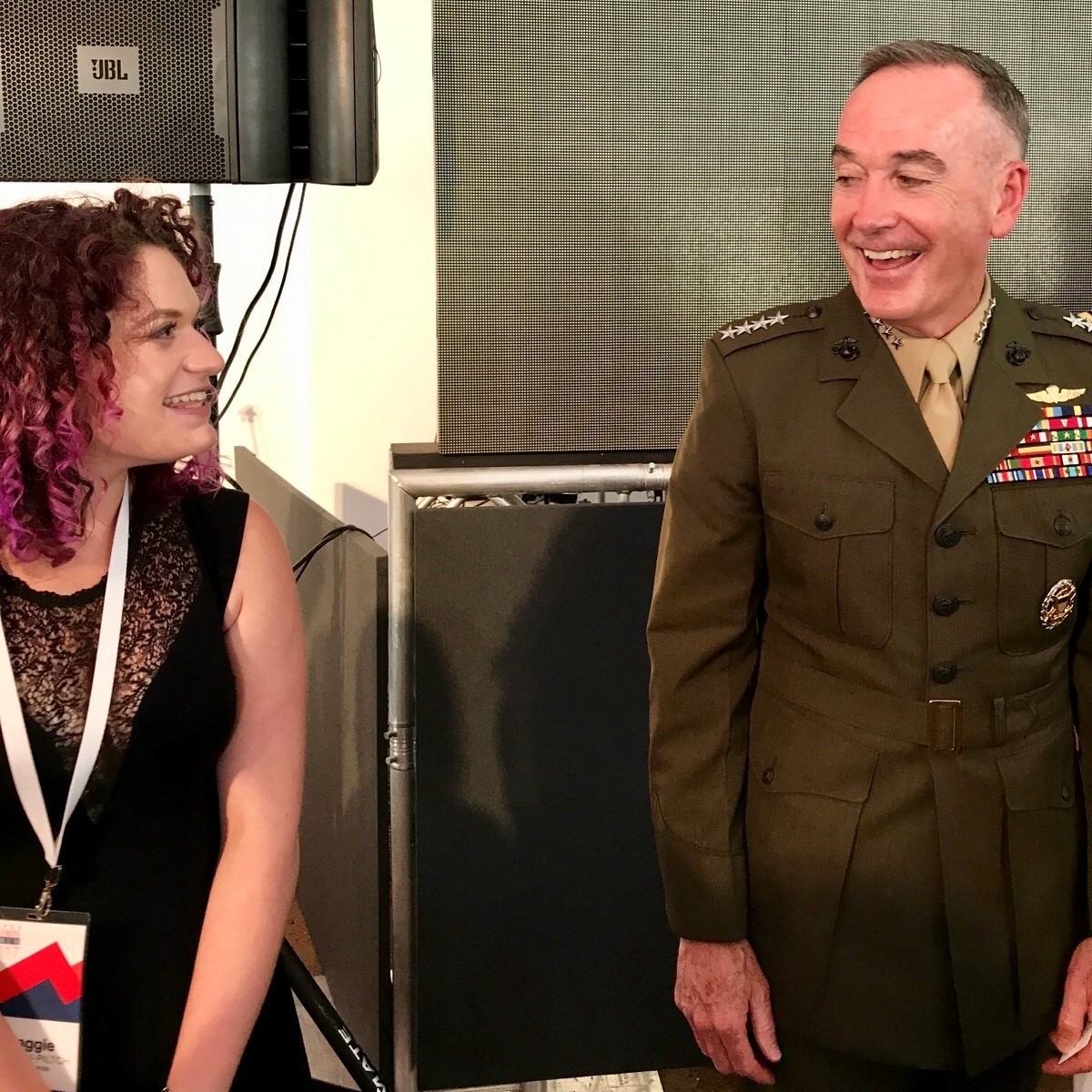 Maggie Feldman-Piltch, left, founder of #NatSecGirlSquad, and Marine Gen. Joseph Dunford, chairman of the Joint Chiefs of Staff, in 2017 at the Aspen Security Forum, in Aspen, Colo. (Photo courtesy Maggie Feldman-Piltch)