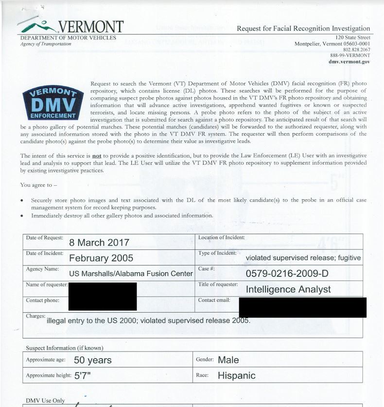 In many cases, federal agents can request access to state DMV records by filling out a form. This is an example of a Homeland Security request that was made to the Vermont Department of Motor Vehicles in 2017. (Georgetown Law)
