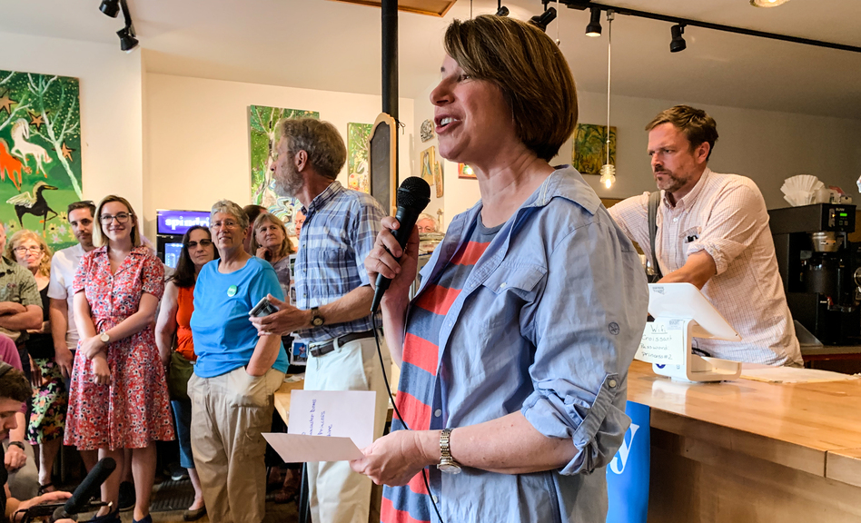 Sen. Amy Klobuchar of Minnesota speaks to supporters at the Polish Princess Bakery in Lancaster, N.H. (Tamara Keith/NPR)