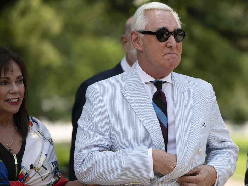 Roger Stone, a longtime confidant of President Donald Trump, accompanied by his wife, Nydia Stone, left federal court in Washington, Tuesday, July 16, 2019. (Sait Serkan Gurbuz/AP)
