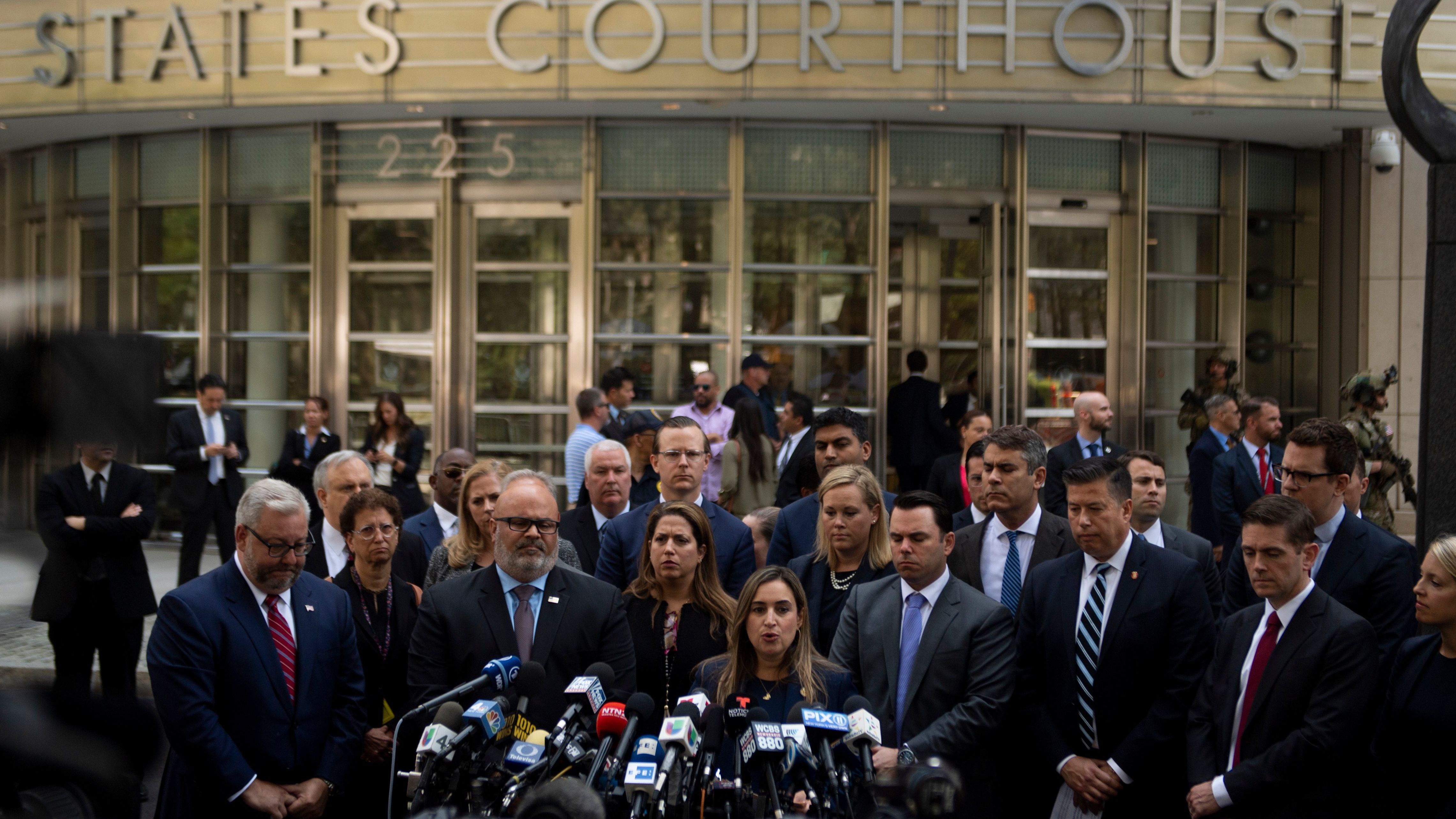 Joaquin Guzmán, also known as &quot;El Chapo,&quot; was sentenced Wednesday to a life term in prison plus 30 years. After the sentencing in a Brooklyn courthouse, U.S. attorneys and other officials greeted the media, including Ariana Fajardo Orshan, U.S. attorney for the Southern District of Florida. (AFP/Getty Images)