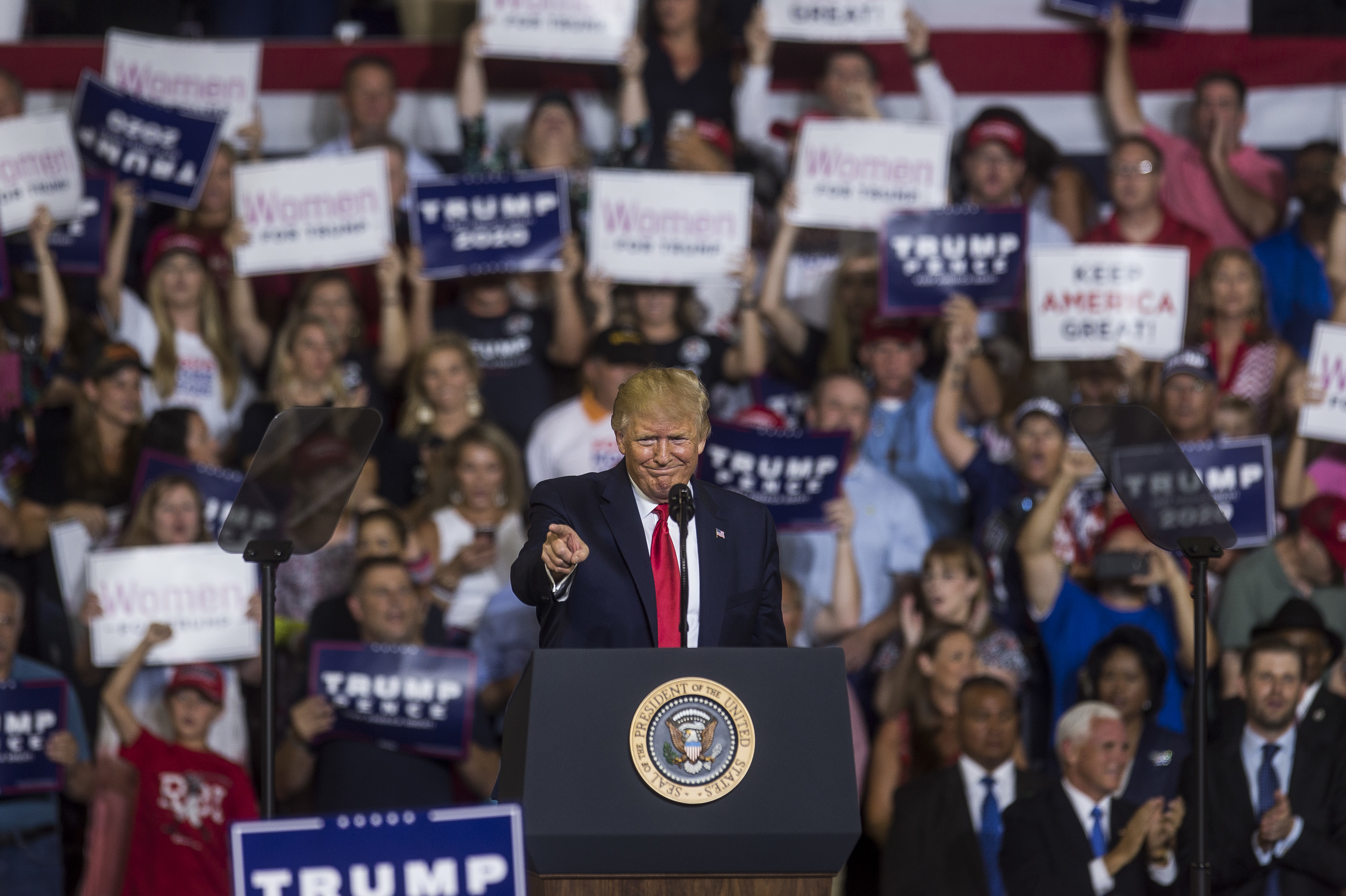 President Trump gestures to the crowd during a Keep America Great rally in Greenville, N.C. on Wednesday. (Getty Images)