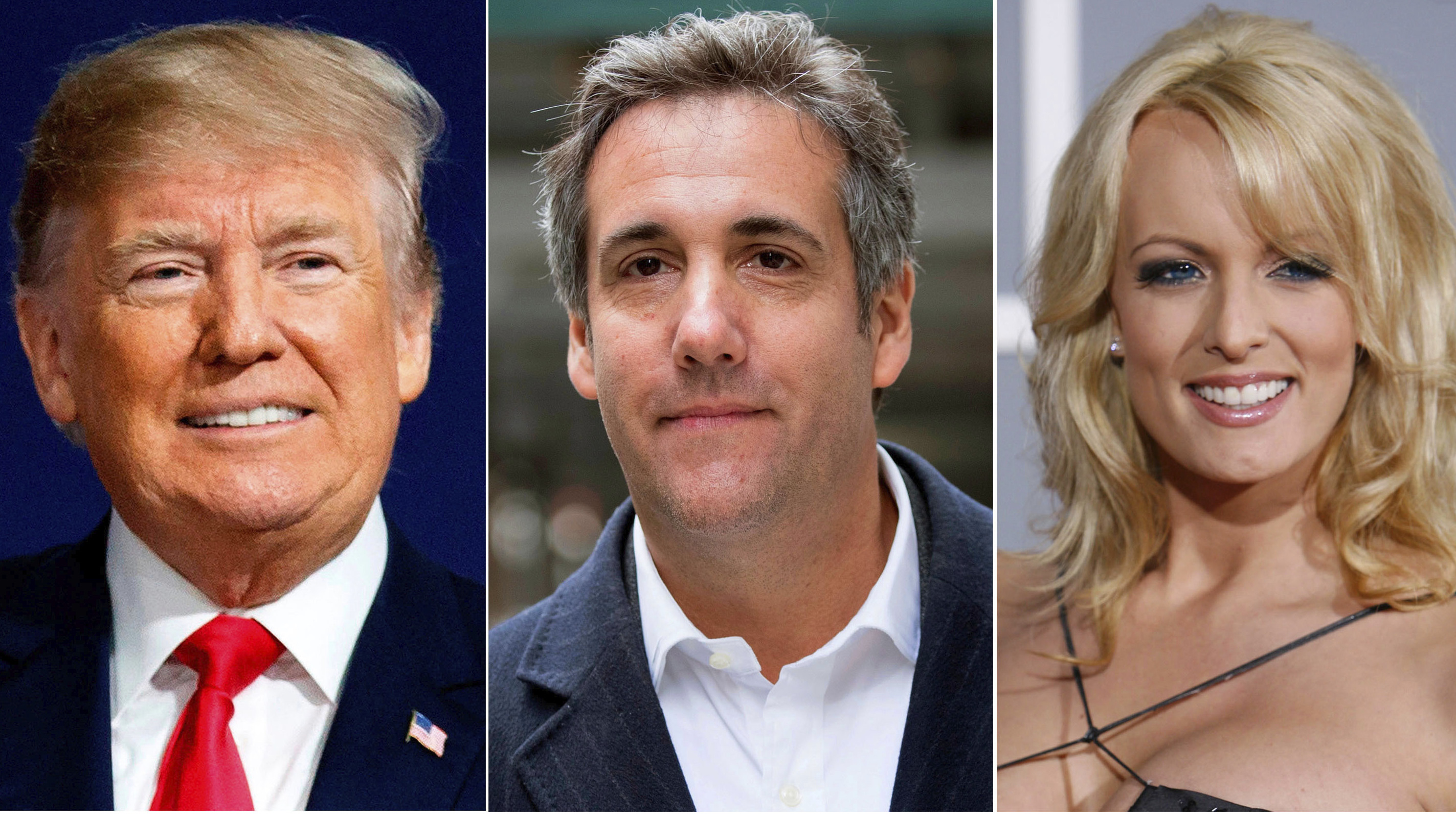 Donald Trump, left, directed then-lawyer Michael Cohen, center, to help arrange payments to Stormy Daniels, right, and another woman, to silence them about alleged sexual relationships with Trump.