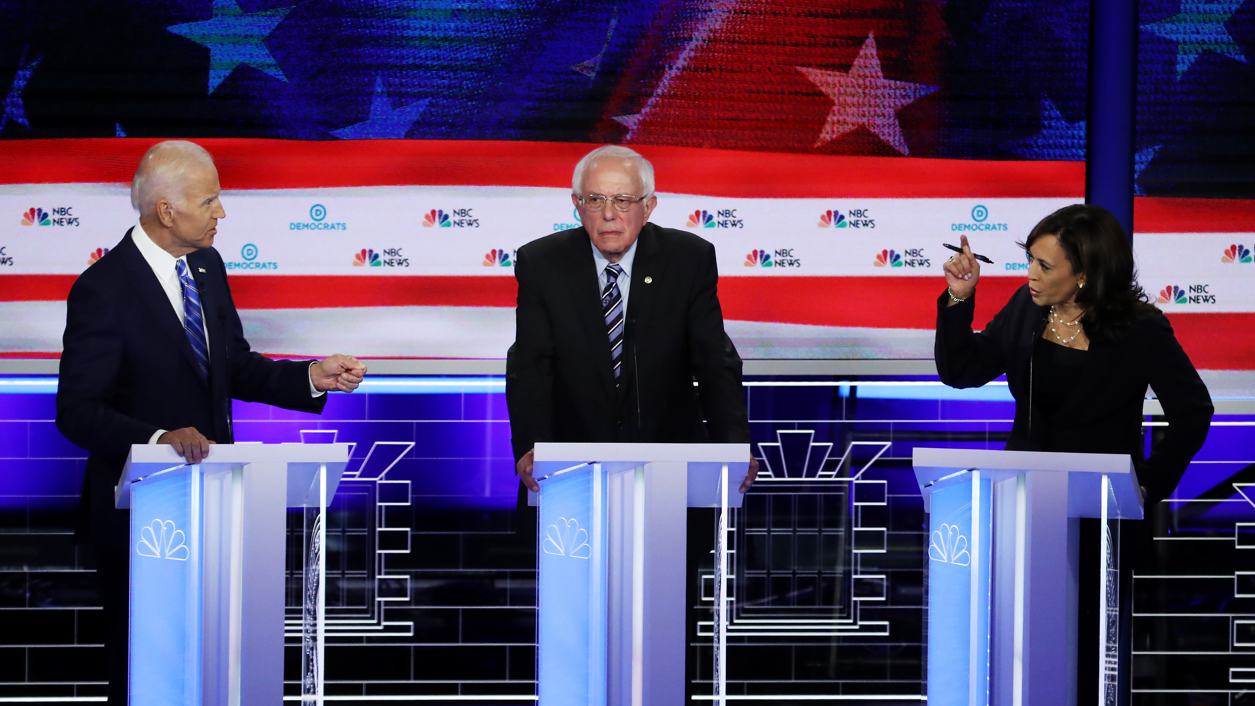 Sen. Bernie Sanders is in the middle as former Vice President Joe Biden and Sen. Kamala Harris face off in the June 27 debate in Miami. Harris and Biden will again share center stage in the July 31 debate. (Getty Images)