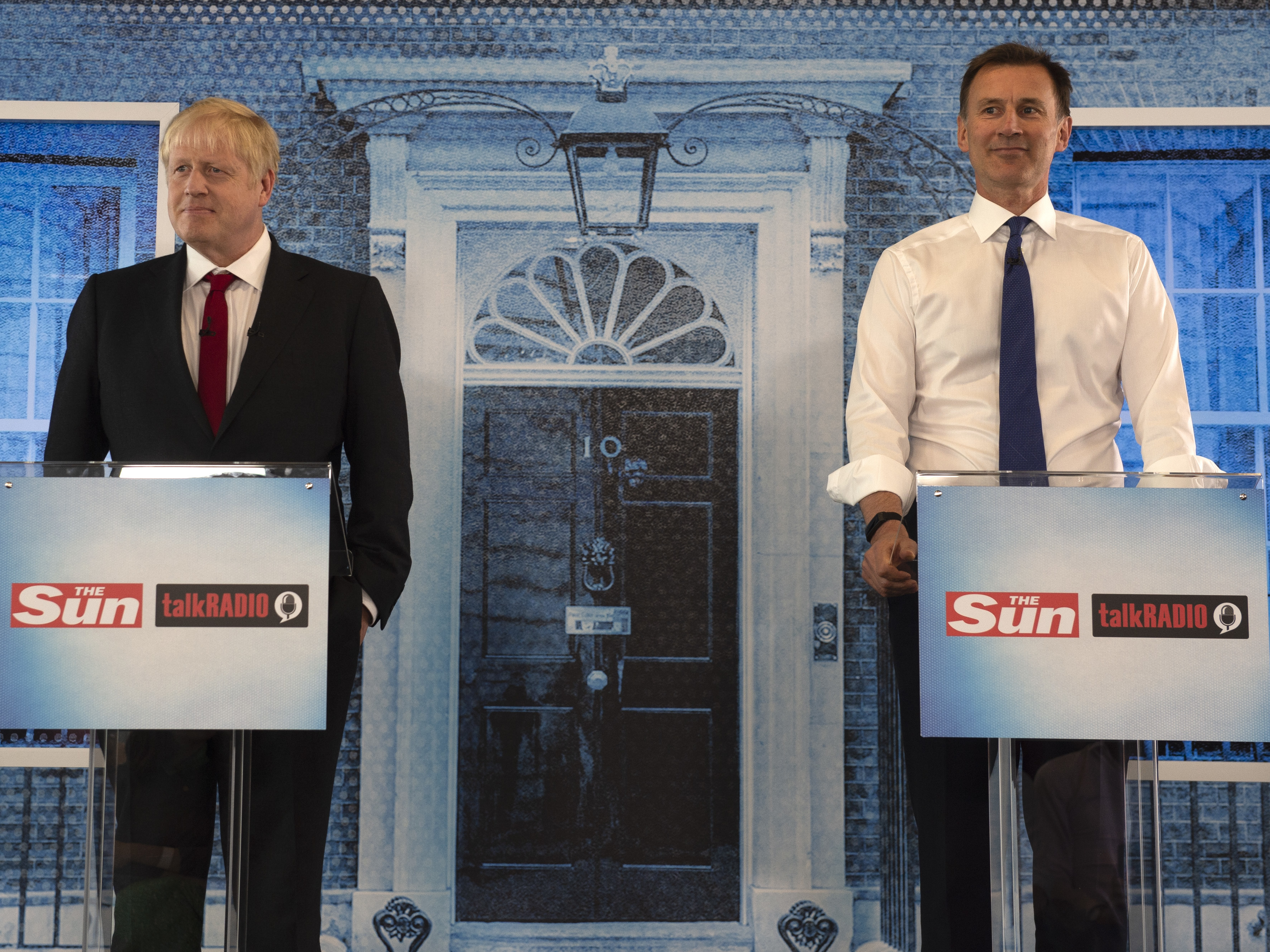 Boris Johnson and Jeremy Hunt debate on July 15 in London. Awaiting the next prime minister will be an international crisis with Iran, stemming from its seizure of a British-flagged commercial oil tanker. (Getty Images)