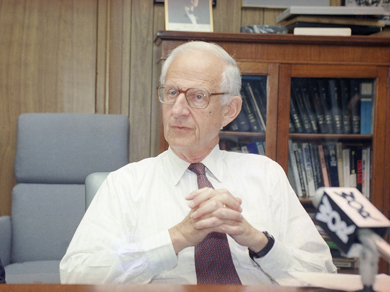 Manhattan District Attorney Robert Morgenthau at a news conference in 1993. The patrician lawman, who a former aide said spent four decades "making mischief for people who engaged in bad conduct," died Sunday. (Marty Lederhandler/AP)