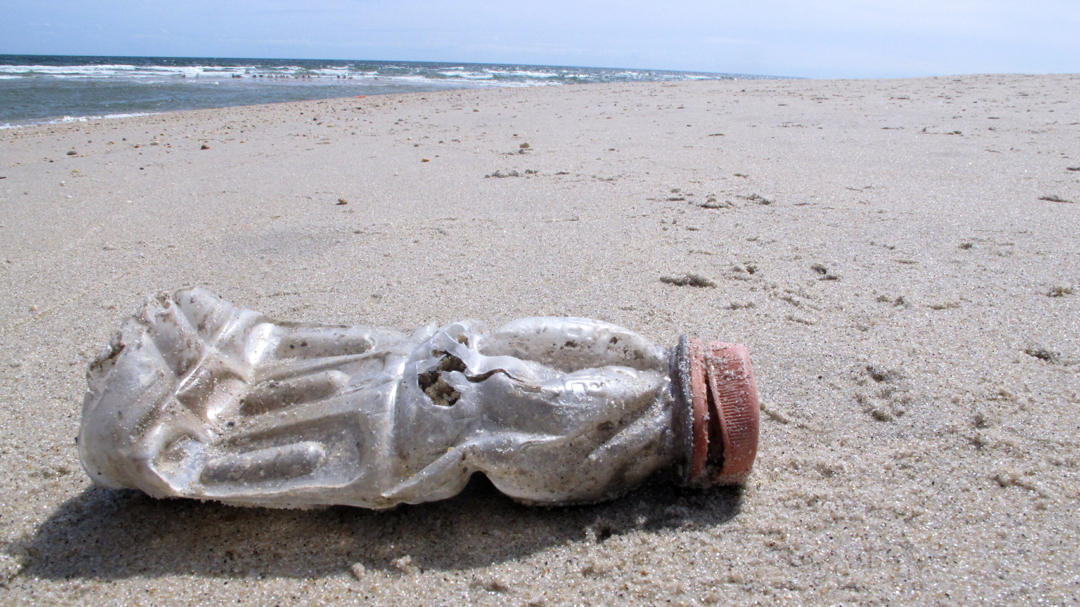 A discarded plastic bottle lies on the beach at Sandy Hook, N.J. Packaging is the largest source of the plastic waste that now blankets our planet. (Wayne Parry/AP)